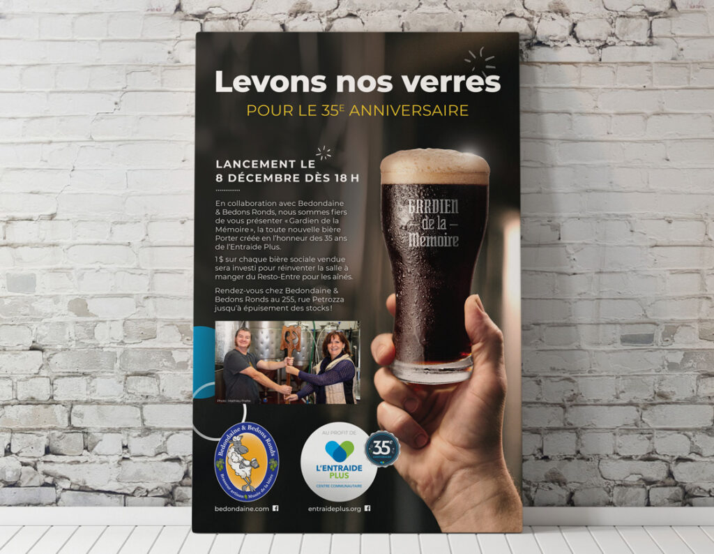 campagne prmotionnelle centre communautaire l’Entraide Plus avec la bière de Bedondaine et Bedons ronds